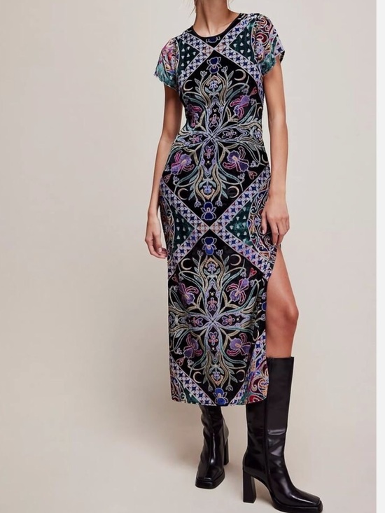 Free People Dresses & Skirts - Free People Sz S Dress Iris Velvet Black Multicolour Midi Boho Festival Party